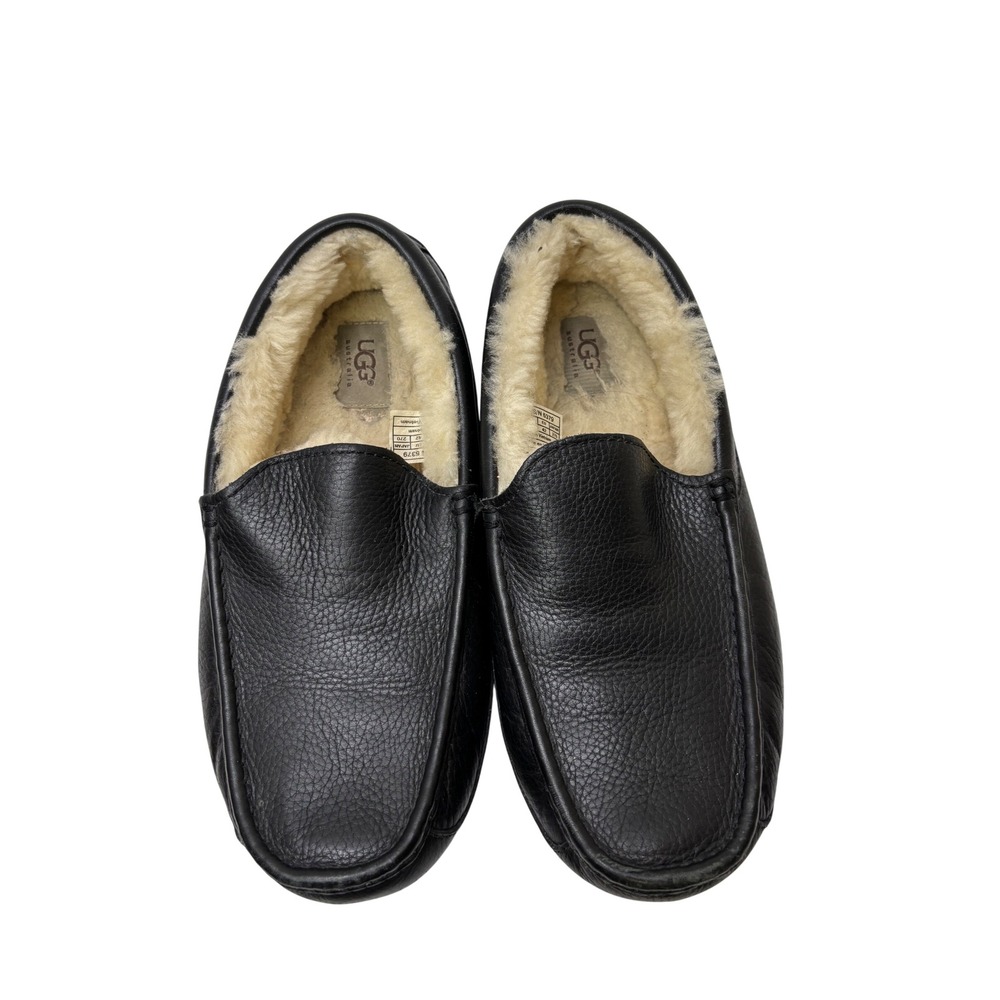 UGG Ascot Black Pebbled Leather Wool Lined Slippers Mens 9 S/N 5379